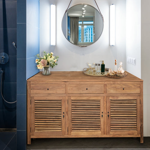 Recycled Teak Wood Tarragona Bathroom Linen Cabinet with 3 Doors & 3 Drawers