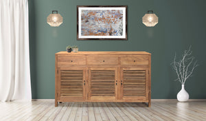 Recycled Teak Wood Louvre Cabinet with 3 Doors & 3 Drawers - La Place USA Furniture Outlet
