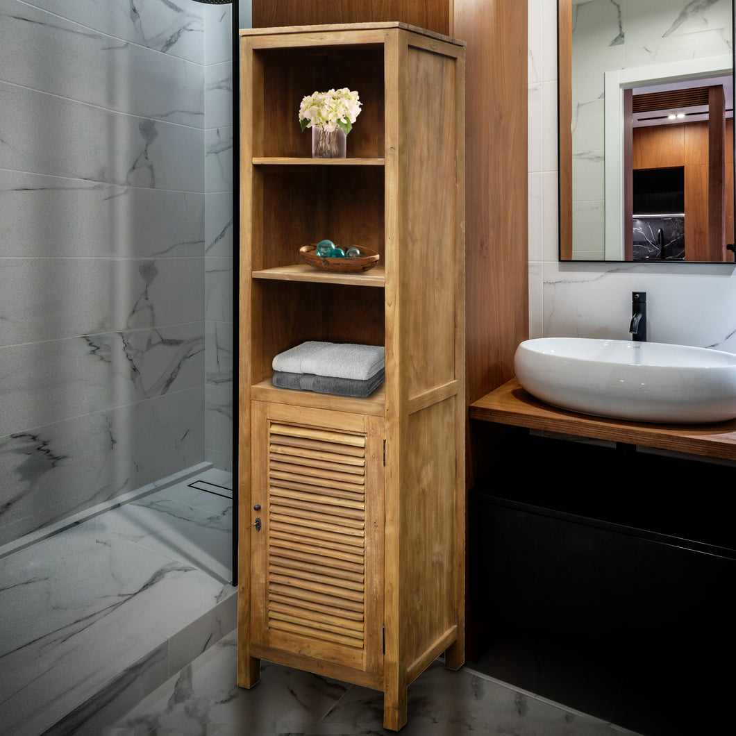 Recycled Teak Wood Lumbrera Vertical Bathroom Linen Cabinet with 1 Door & 3 Shelves