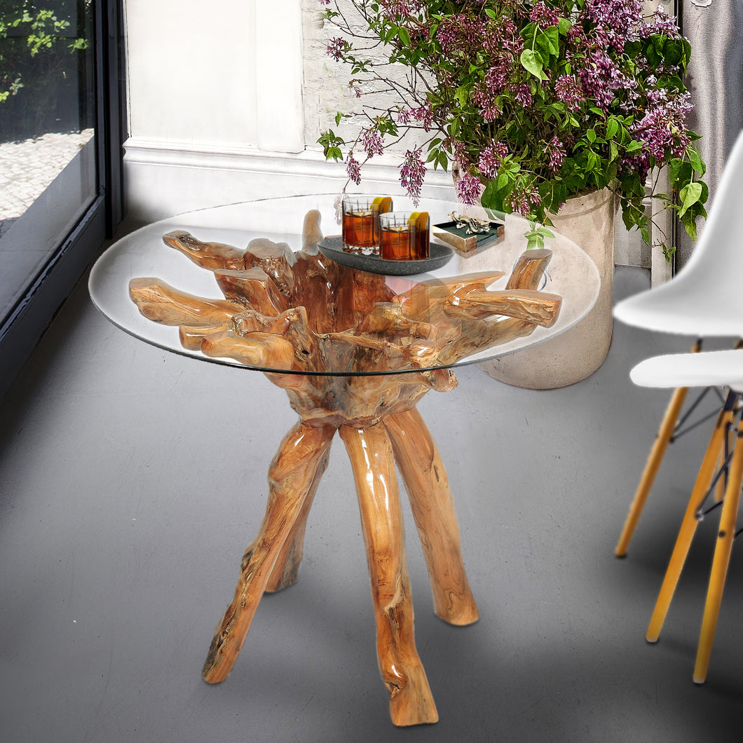 Teak Wood Root Bar Table Including 36 Inch Glass Top