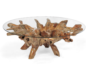 Teak Wood Root Coffee Table Including 55 Inch Round Glass Top - La Place USA Furniture Outlet