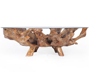 Teak Wood Root Coffee Table including a 63" Round Glass Top - La Place USA Furniture Outlet