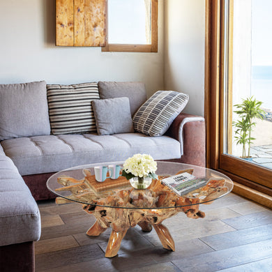 Teak Wood Root Coffee Table Including 55 Inch Round Glass Top