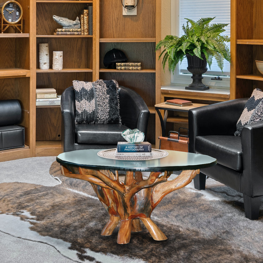 Teak Wood Root Coffee Table Including 43 Inch Round Glass Top – La ...