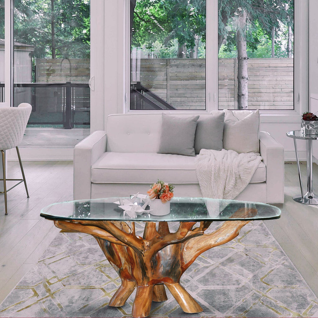 Teak Wood Root Coffee Table Including 43 Inch Round Glass Top – La ...