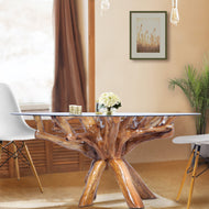 Teak Wood Root Dining Table Including a Round 48 Inch Glass Top - La Place USA Furniture Outlet