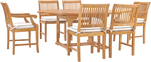 7 Piece Teak Wood Castle Patio Dining Set with Round to Oval Extension Table, 4 Side Chairs and 2 Arm Chairs - La Place USA Furniture Outlet
