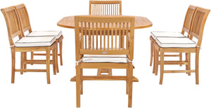 7 Piece Teak Wood Castle Patio Dining Set with Round to Oval Extension Table, 4 Side Chairs and 2 Arm Chairs - La Place USA Furniture Outlet