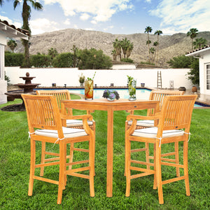 5 Piece Teak Wood Castle Patio Bistro Bar Set with 35" Bar Table & 4 Barstools with Arms