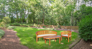 Teak Wood Peanut 3 Piece Patio Lounge Set, Double Bench, Chair & Coffee Table - La Place USA Furniture Outlet