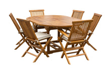 7 Piece Teak Wood Miami Patio Dining Set with Round to Oval Extension Table, 2 Arm Chairs and 4 Side Chairs with Cushions - La Place USA Furniture Outlet