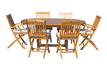 7 Piece Teak Wood Santa Barbara Patio Dining Set with Round to Oval Extension Table, 2 Arm Chairs and 4 Side Chairs with Cushions - La Place USA Furniture Outlet