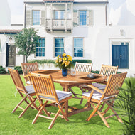 7 Piece Teak Wood Santa Barbara Patio Dining Set with Round to Oval Extension Table, 2 Arm Chairs and 4 Side Chairs with Cushions - La Place USA Furniture Outlet