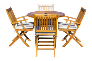 5 Piece Teak Wood Santa Barbara Patio Dining Set, 47" Round Folding Table with 4 Folding Arm Chairs