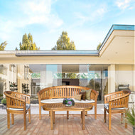 4 Piece Teak Wood Peanut Patio Lounge Set, 2 Chairs, Double Bench & Coffee Table