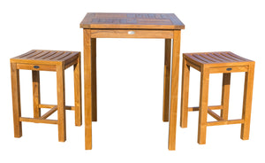 3 Piece Teak Wood Seville Small Counter Height Patio Bistro Set, 2 Counters Stools and 27" Square Table - La Place USA Furniture Outlet