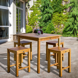 5 Piece Teak Wood Seville Medium Counter Height Patio Bistro Set, 4 Counters Stools and 35" Square Table
