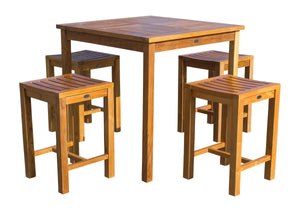 5 Piece Teak Wood Seville Medium Counter Height Patio Bistro Set, 4 Counters Stools and 35" Square Table - La Place USA Furniture Outlet