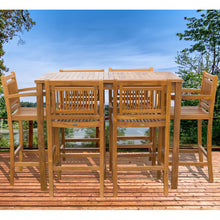 7 Piece Teak Wood Maldives Patio Bistro Bar Set, 55" Bar Table, 2 Barstools with Arms and 4 Armless Barstools