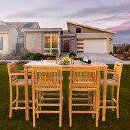 7 Piece Teak Wood Maldives Patio Bistro Bar Set, 63" Bar Table, 2 Barstools with Arms and 4 Armless Barstools