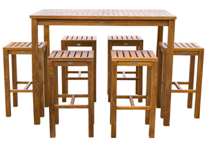 7 Piece Teak Wood Santa Monica Patio Bistro Bar Set, 55" Bar Table and 6 Barstools - La Place USA Furniture Outlet