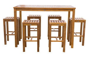7 Piece Teak Wood Santa Monica Patio Bistro Bar Set, 63" Bar Table and 6 Barstools - La Place USA Furniture Outlet