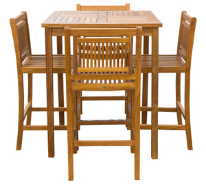 5 Piece Teak Wood Maldives Patio Bistro Bar Set with 35" Square Bar Table & 4 Armless Bar Chairs - La Place USA Furniture Outlet