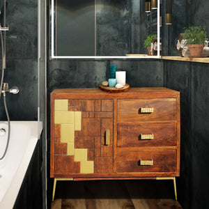 Nuna Mango Wood Bathroom Linen Cabinet with 1 door, 3 drawers