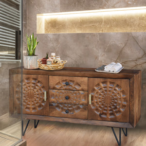 Salta Recycled Mango Wood Bathroom Linen Cabinet with 2 doors, 3 drawers