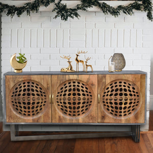 Pakal Recycled Mango Wood Sideboard with 3 Doors and Metal Base