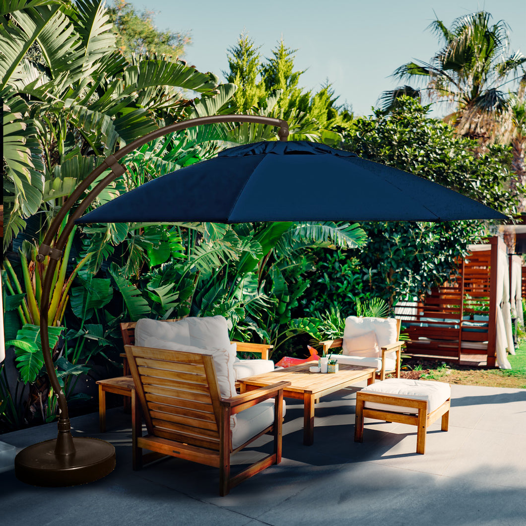 blue rectangular patio umbrella 9ft with Base and Remote Control, The cantilever umbrella provides you with a cool space Garvee 15FT Double-Sided Patio Umbrella